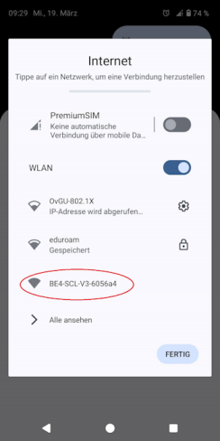 Nutzen Sie das WLAN BE4-SCL-V3-617566. Wählen Sie das korrekte WLAN aus.